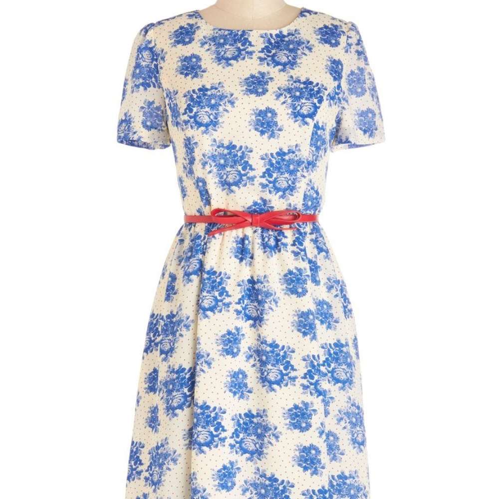 ModCloth Cream and Blue Floral Fit-and-Flare Dress